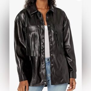 Blank NYC Lonestar Vegan Leather Fringe Black Shirt Jacket Size Medium EUC